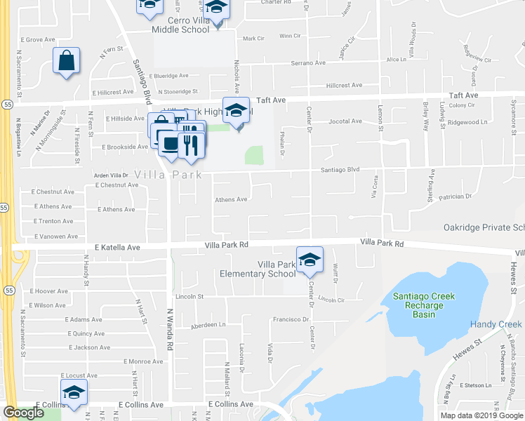 map of restaurants, bars, coffee shops, grocery stores, and more near 18111 Dorchester Circle in Villa Park