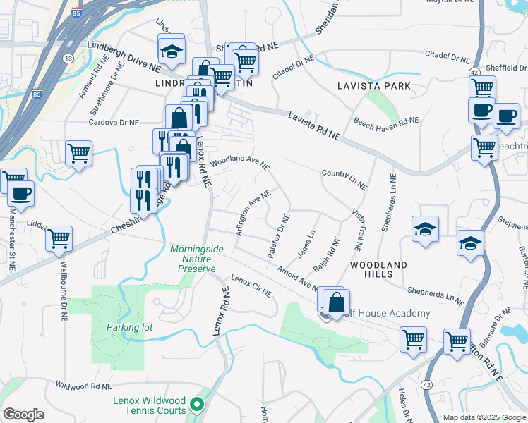 map of restaurants, bars, coffee shops, grocery stores, and more near 1118 Arlington Parkway Northeast in Atlanta
