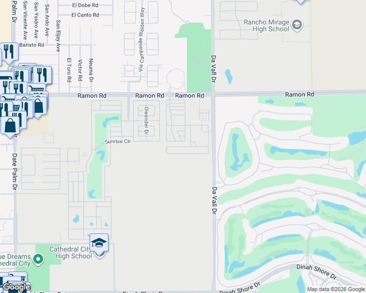 map of restaurants, bars, coffee shops, grocery stores, and more near 69801 Ramon Road in Cathedral City