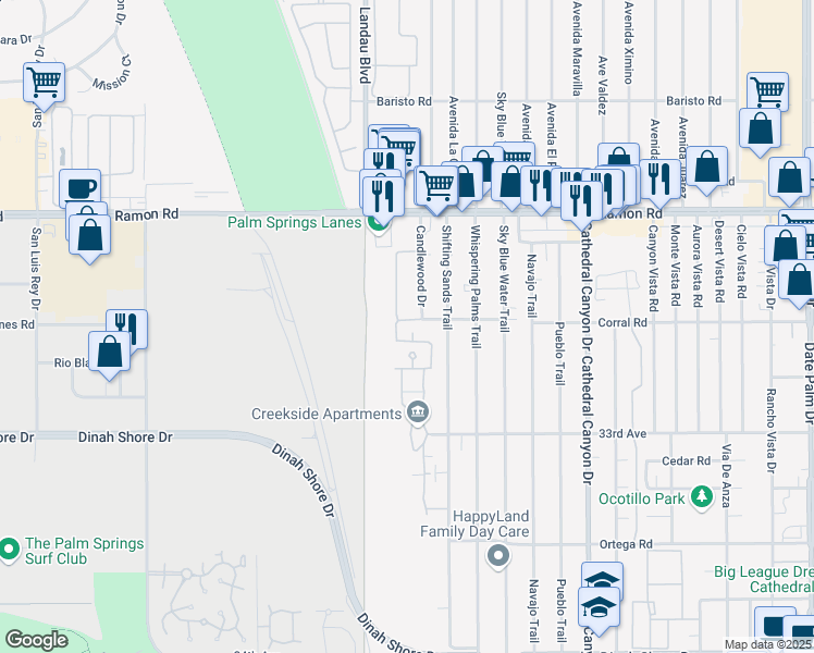 map of restaurants, bars, coffee shops, grocery stores, and more near 32505 Candlewood Drive in Cathedral City