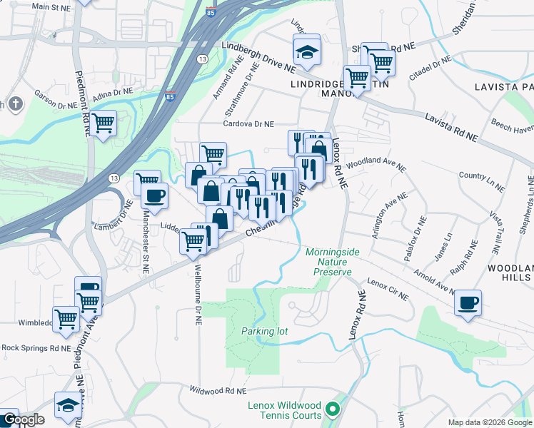 map of restaurants, bars, coffee shops, grocery stores, and more near 2069 Cheshire Bridge Road Northeast in Atlanta