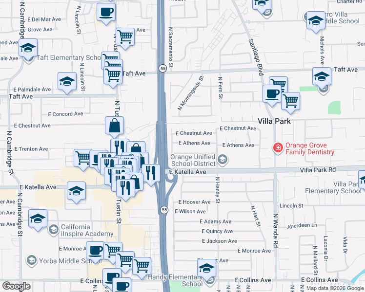 map of restaurants, bars, coffee shops, grocery stores, and more near 2206 East Athens Avenue in Orange