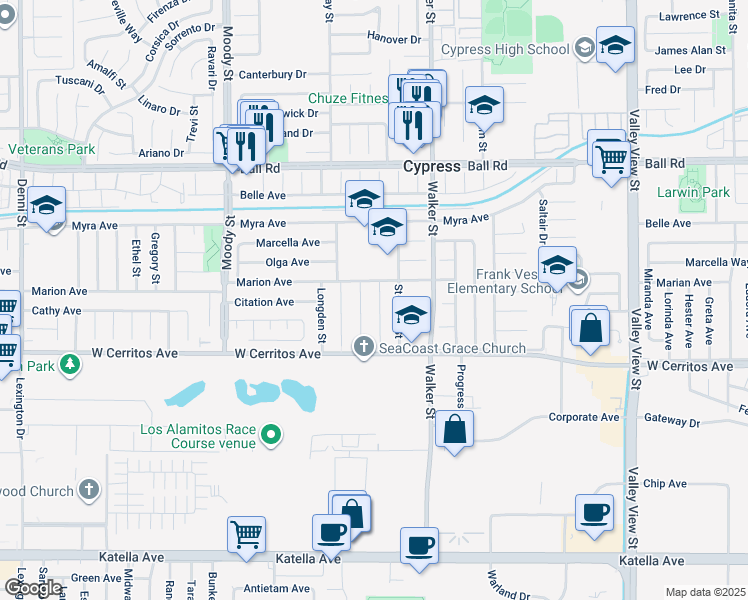 map of restaurants, bars, coffee shops, grocery stores, and more near 10331 Sande Street in Cypress