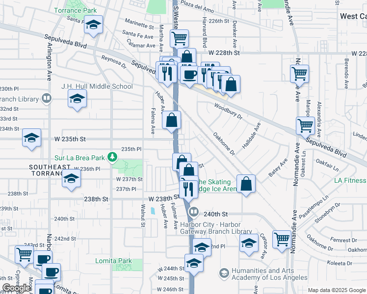 map of restaurants, bars, coffee shops, grocery stores, and more near 23520 South Western Avenue in Los Angeles
