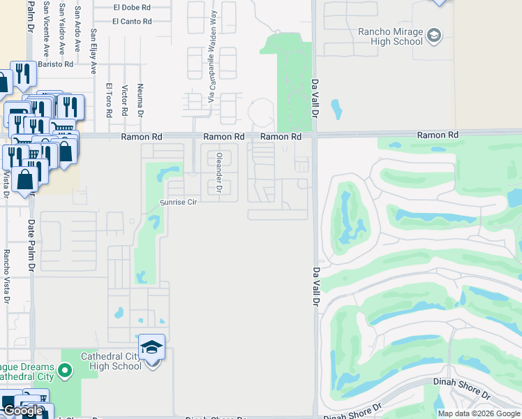 map of restaurants, bars, coffee shops, grocery stores, and more near 69801 Ramon Road in Cathedral City