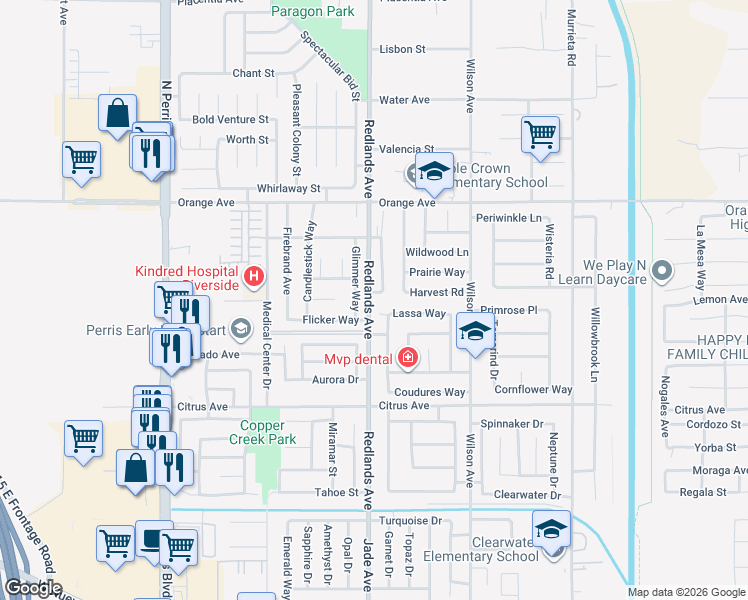 map of restaurants, bars, coffee shops, grocery stores, and more near 2201 Jornada Drive in Perris