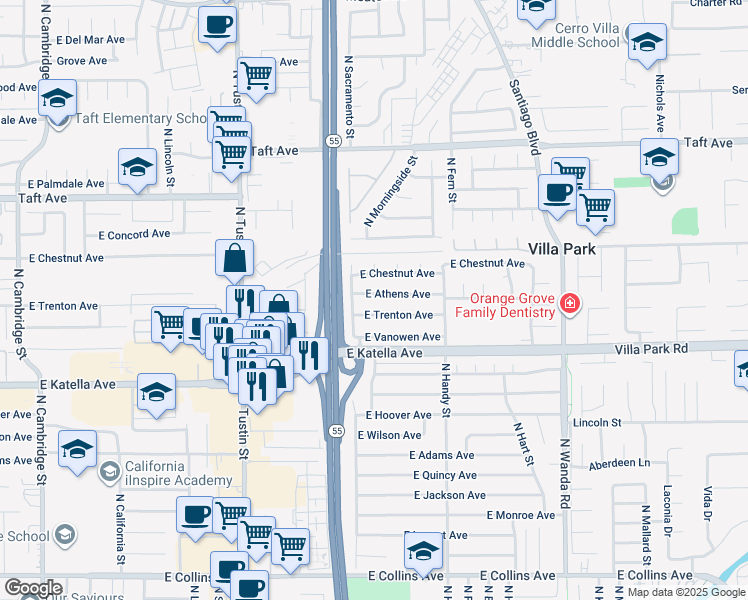 map of restaurants, bars, coffee shops, grocery stores, and more near 2206 East Athens Avenue in Orange