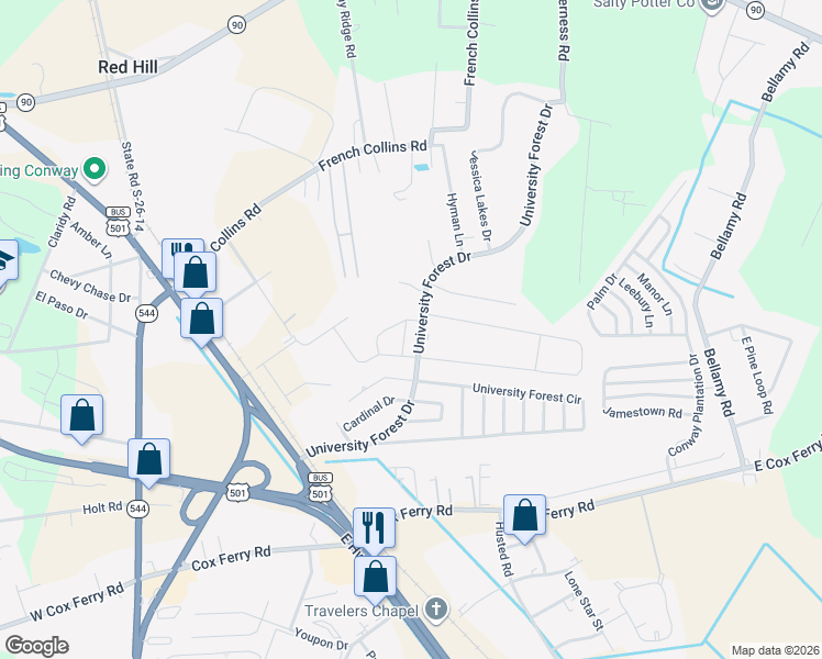 map of restaurants, bars, coffee shops, grocery stores, and more near 807 Esther Court in Conway