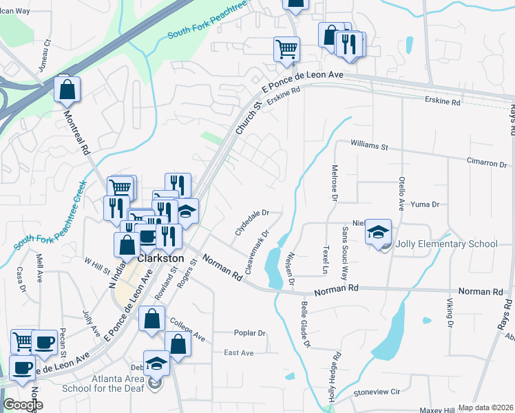 map of restaurants, bars, coffee shops, grocery stores, and more near 1140 Clydedale Drive in Clarkston