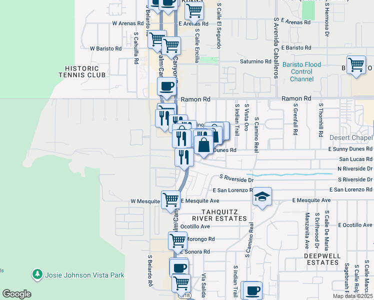 map of restaurants, bars, coffee shops, grocery stores, and more near South Palm Canyon Drive & East Sunny Dunes Road in Palm Springs