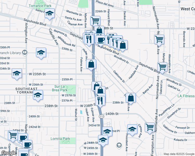 map of restaurants, bars, coffee shops, grocery stores, and more near 1640 West 235th Street in Los Angeles