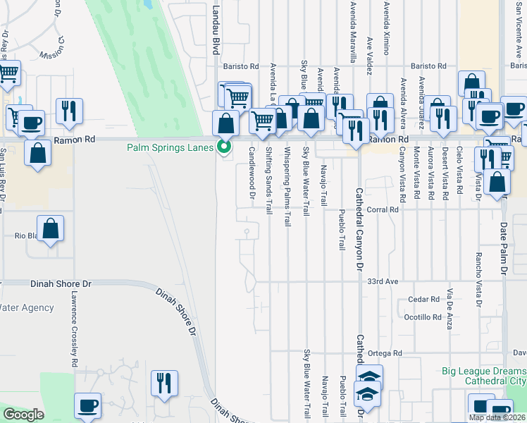 map of restaurants, bars, coffee shops, grocery stores, and more near 32582 Shifting Sands Trail in Cathedral City