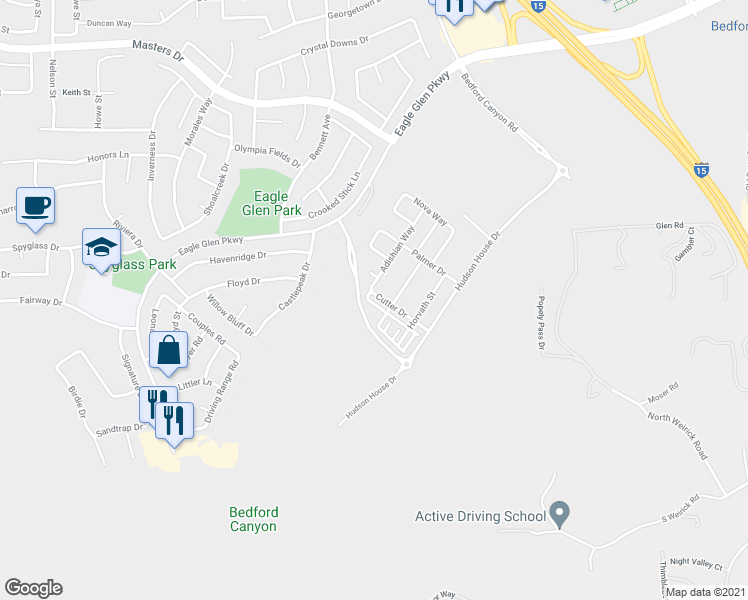map of restaurants, bars, coffee shops, grocery stores, and more near 2521 Verna Drive in Corona