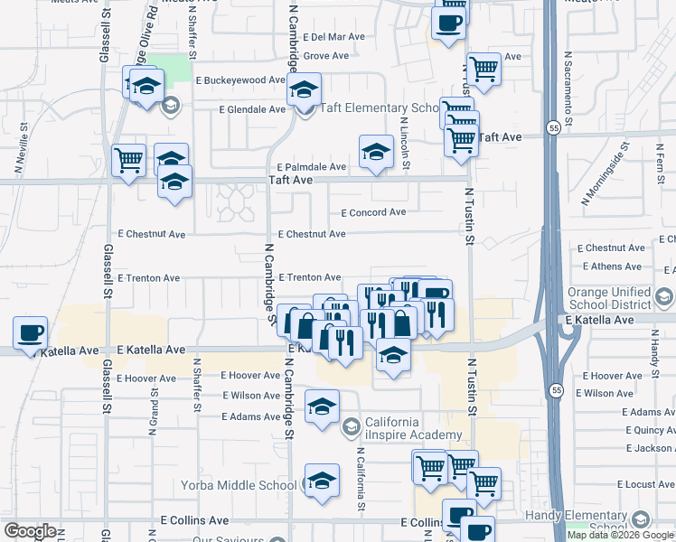 map of restaurants, bars, coffee shops, grocery stores, and more near 1231 East Vanowen Avenue in Orange