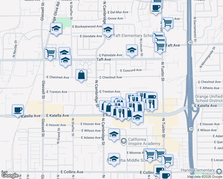 map of restaurants, bars, coffee shops, grocery stores, and more near 1105 East Vanowen Avenue in Orange