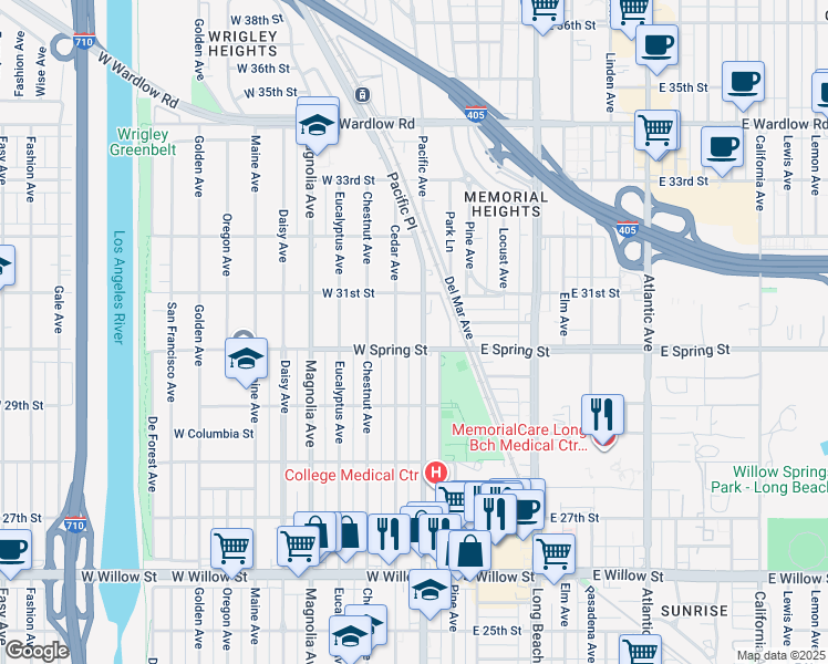 map of restaurants, bars, coffee shops, grocery stores, and more near 2995 Pacific Avenue in Long Beach