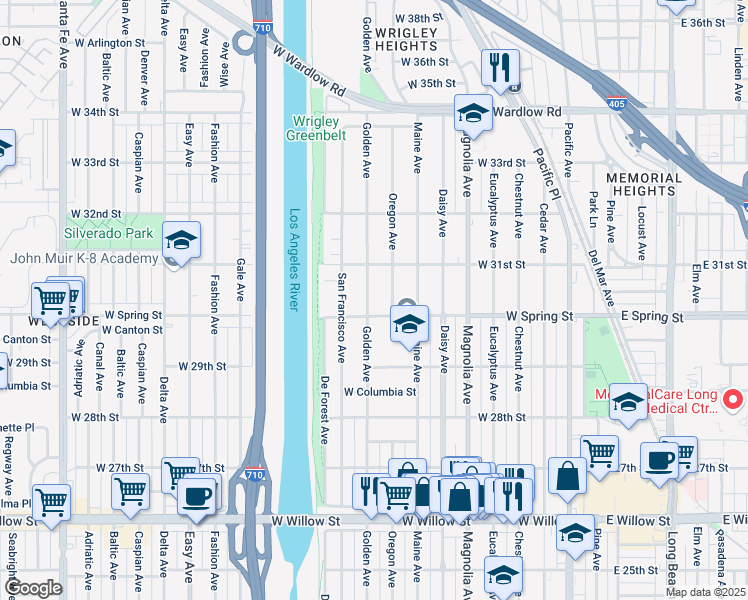 map of restaurants, bars, coffee shops, grocery stores, and more near 3001 Oregon Avenue in Long Beach