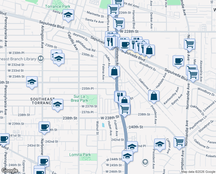 map of restaurants, bars, coffee shops, grocery stores, and more near 1711 236th Street in Torrance