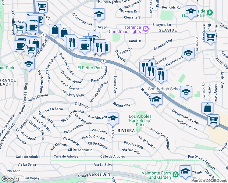 map of restaurants, bars, coffee shops, grocery stores, and more near 5605 Calle Mayor in Torrance