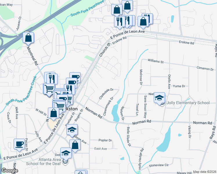 map of restaurants, bars, coffee shops, grocery stores, and more near 1140 Clydedale Drive in Clarkston