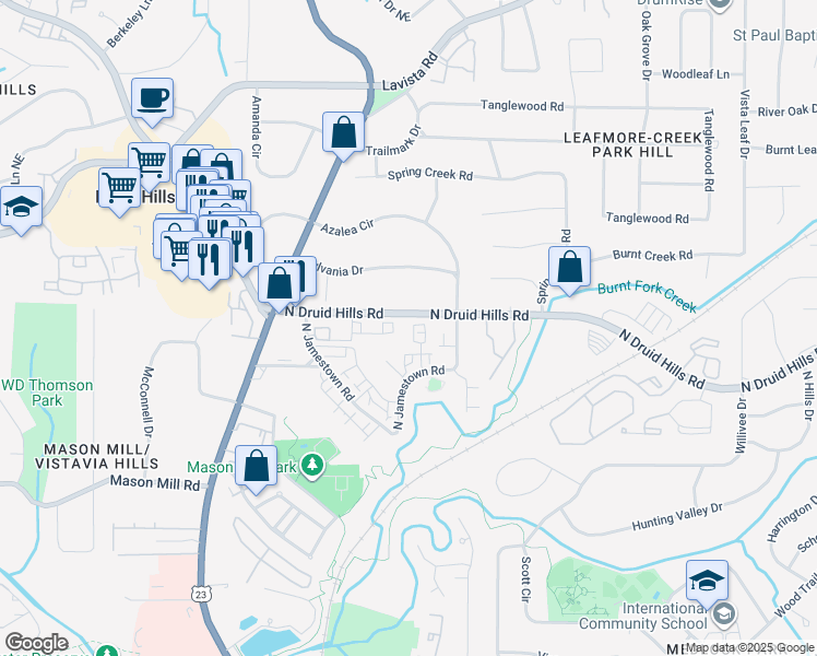 map of restaurants, bars, coffee shops, grocery stores, and more near 1043 North Jamestown Road in Decatur