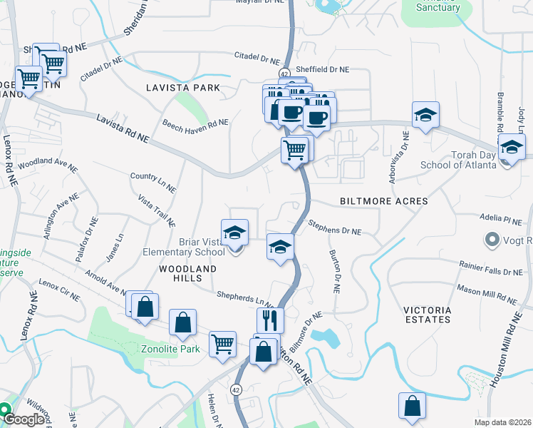 map of restaurants, bars, coffee shops, grocery stores, and more near 1117 Weatherstone Drive Northeast in Atlanta