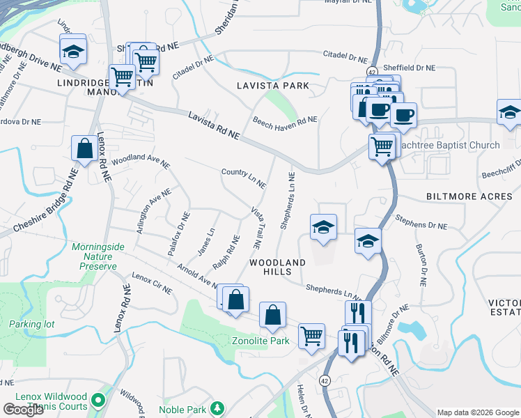 map of restaurants, bars, coffee shops, grocery stores, and more near 1132 Vista Trail Northeast in Atlanta