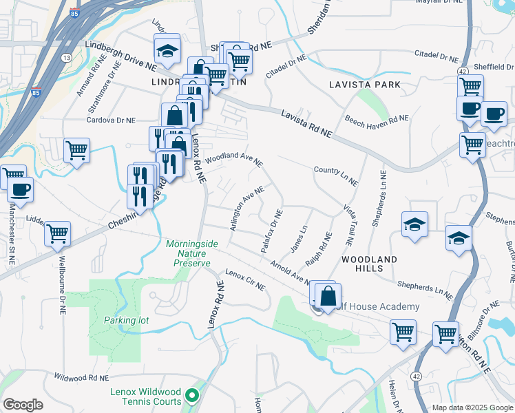 map of restaurants, bars, coffee shops, grocery stores, and more near 1118 Arlington Parkway Northeast in Atlanta