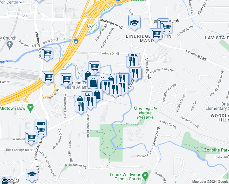 map of restaurants, bars, coffee shops, grocery stores, and more near 2000 Cheshire Bridge Road Northeast in Atlanta