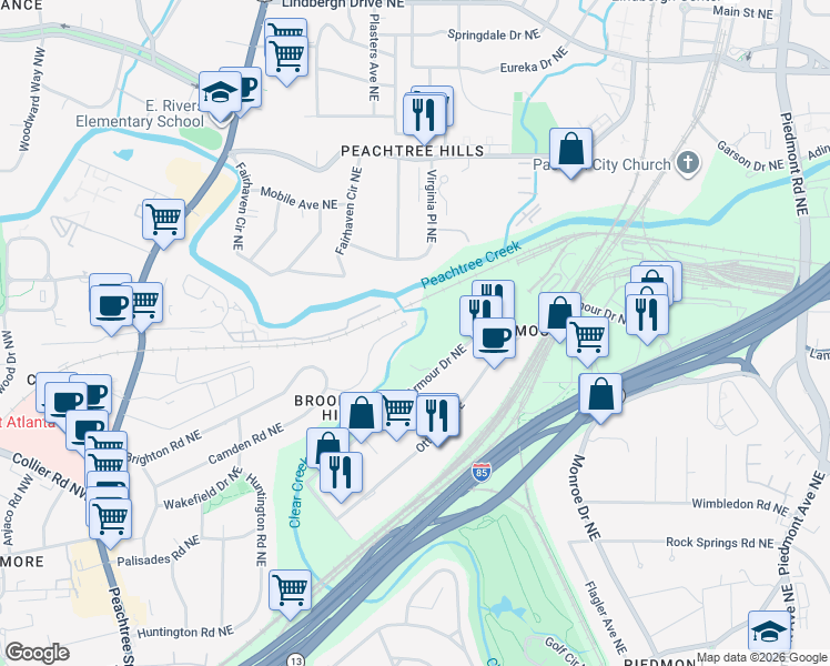 map of restaurants, bars, coffee shops, grocery stores, and more near 2-248 Armour Dr NE in Atlanta