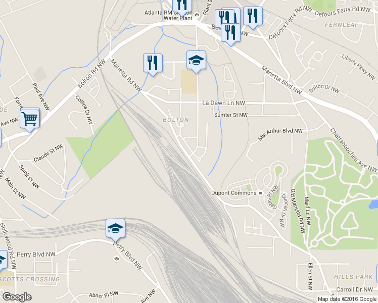 map of restaurants, bars, coffee shops, grocery stores, and more near 2092 Wood Trail Northwest in Atlanta