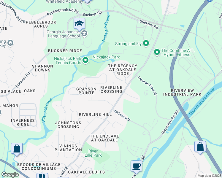 map of restaurants, bars, coffee shops, grocery stores, and more near 5800 Oakdale Road Southeast in Mableton