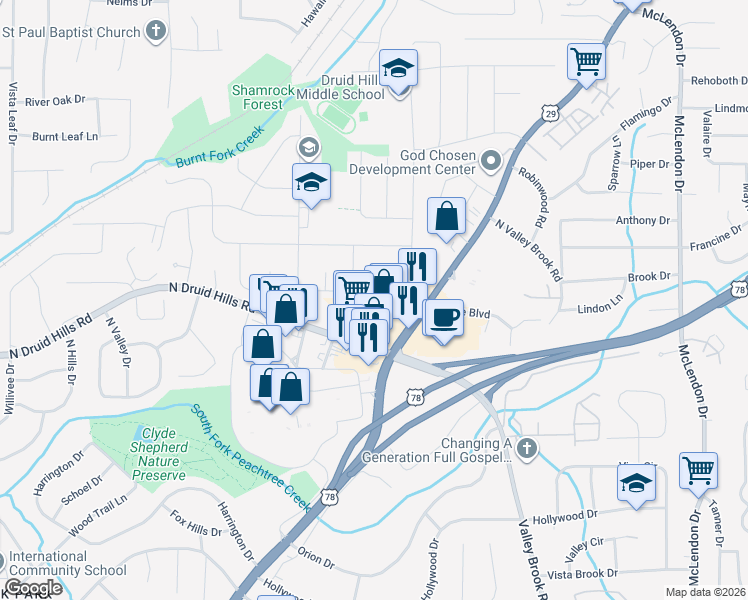 map of restaurants, bars, coffee shops, grocery stores, and more near 3870 North Druid Hills Road in Decatur
