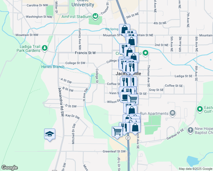 map of restaurants, bars, coffee shops, grocery stores, and more near 220 Coffee Street Southwest in Jacksonville