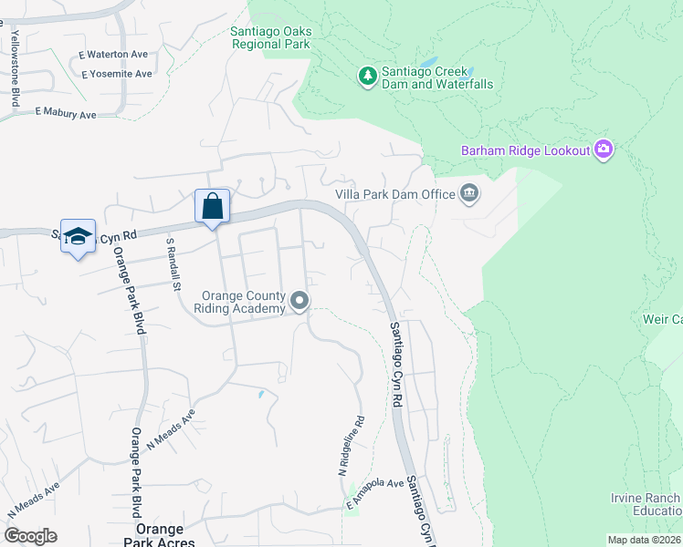 map of restaurants, bars, coffee shops, grocery stores, and more near 7545 East Angel View Terrace in Orange