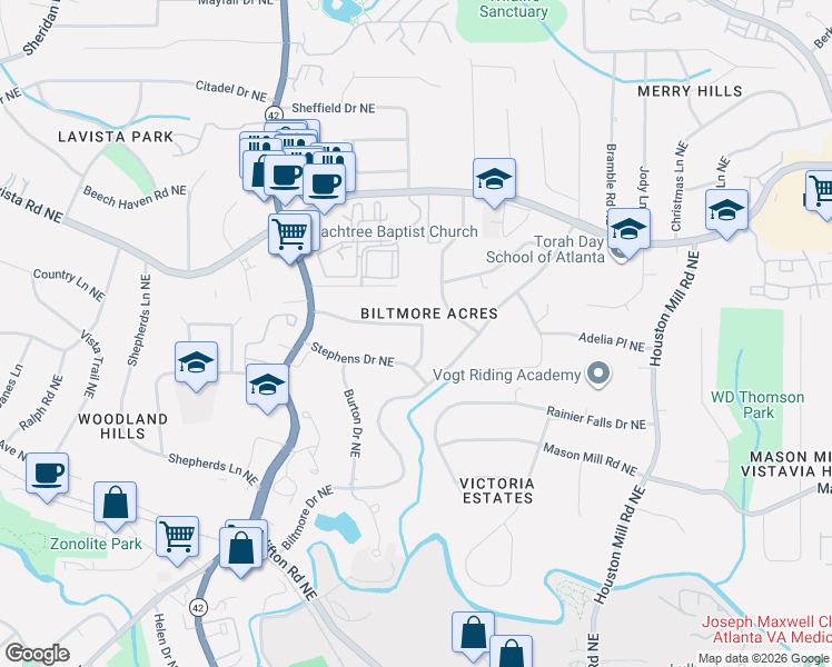 map of restaurants, bars, coffee shops, grocery stores, and more near 1507 Lively Ridge Road Northeast in Atlanta