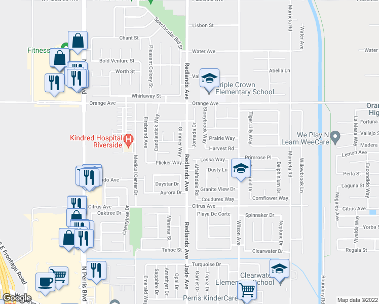 map of restaurants, bars, coffee shops, grocery stores, and more near 2201 Jornada Drive in Perris