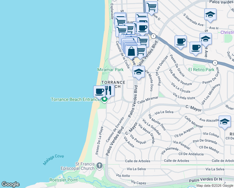 map of restaurants, bars, coffee shops, grocery stores, and more near 205 Vía Riviera in Redondo Beach