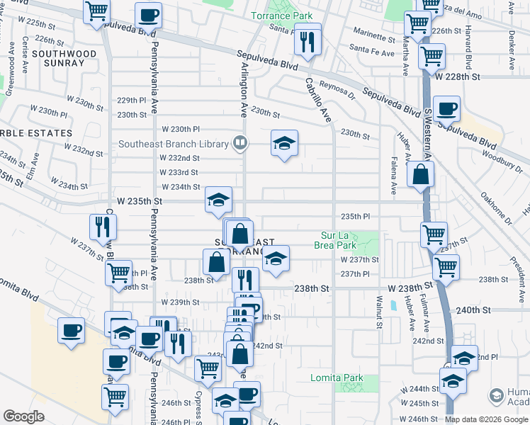 map of restaurants, bars, coffee shops, grocery stores, and more near 2145 235th Place in Torrance