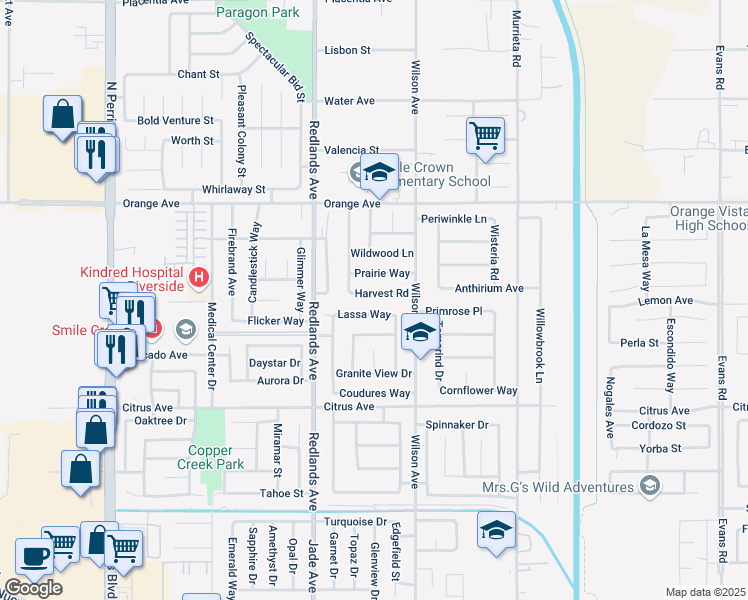 map of restaurants, bars, coffee shops, grocery stores, and more near 515 Harvest Road in Perris