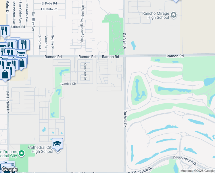 map of restaurants, bars, coffee shops, grocery stores, and more near 69801 Ramon Road in Cathedral City