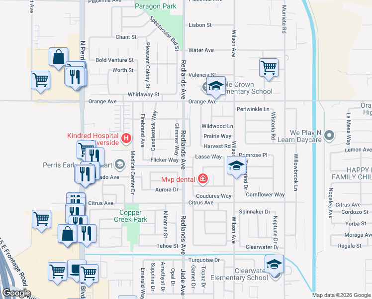 map of restaurants, bars, coffee shops, grocery stores, and more near 2163 Glimmer Way in Perris
