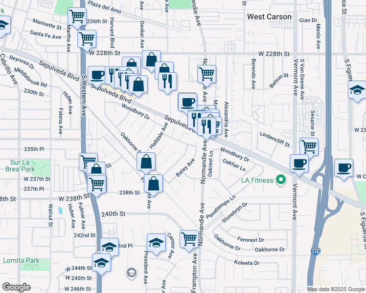 map of restaurants, bars, coffee shops, grocery stores, and more near 1320 Woodbury Drive in Los Angeles