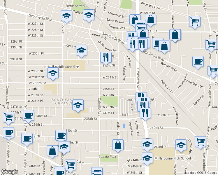 map of restaurants, bars, coffee shops, grocery stores, and more near 1941 235th Place in Torrance