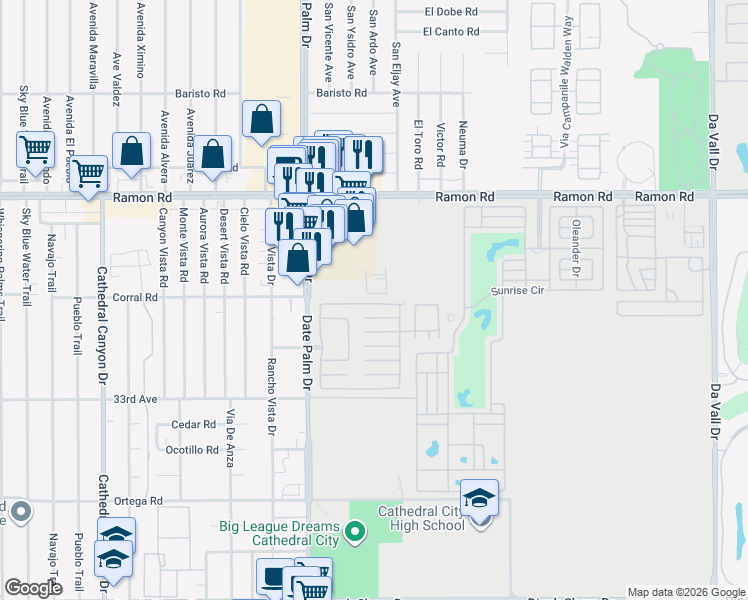 map of restaurants, bars, coffee shops, grocery stores, and more near 1027 Vía Grande in Cathedral City