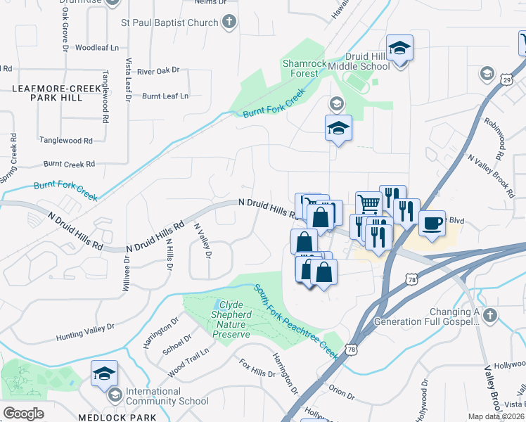 map of restaurants, bars, coffee shops, grocery stores, and more near 3743 North Druid Hills Road Northeast in Decatur