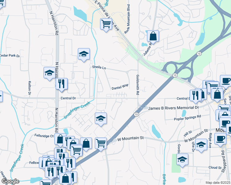 map of restaurants, bars, coffee shops, grocery stores, and more near 4958 Central Drive in Stone Mountain