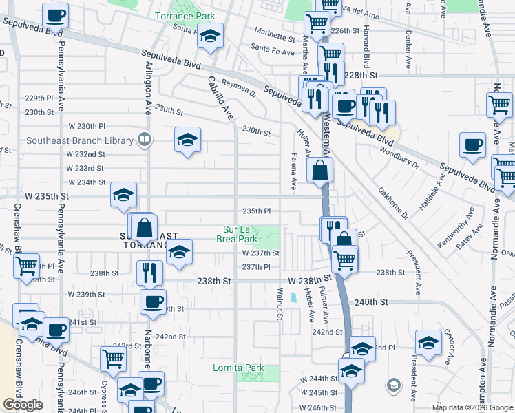 map of restaurants, bars, coffee shops, grocery stores, and more near 1941 235th Place in Torrance