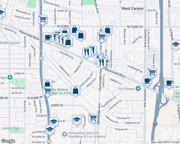 map of restaurants, bars, coffee shops, grocery stores, and more near 1320 Woodbury Drive in Los Angeles