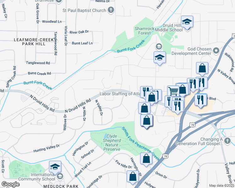 map of restaurants, bars, coffee shops, grocery stores, and more near 3701 North Druid Hills Road in Decatur